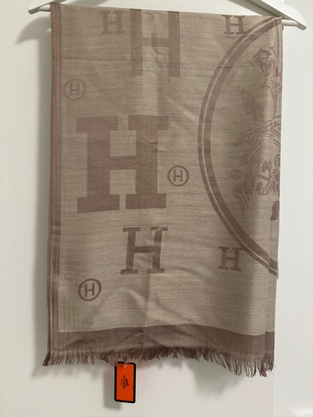 Hermès taupe and beige H logo silk scarf